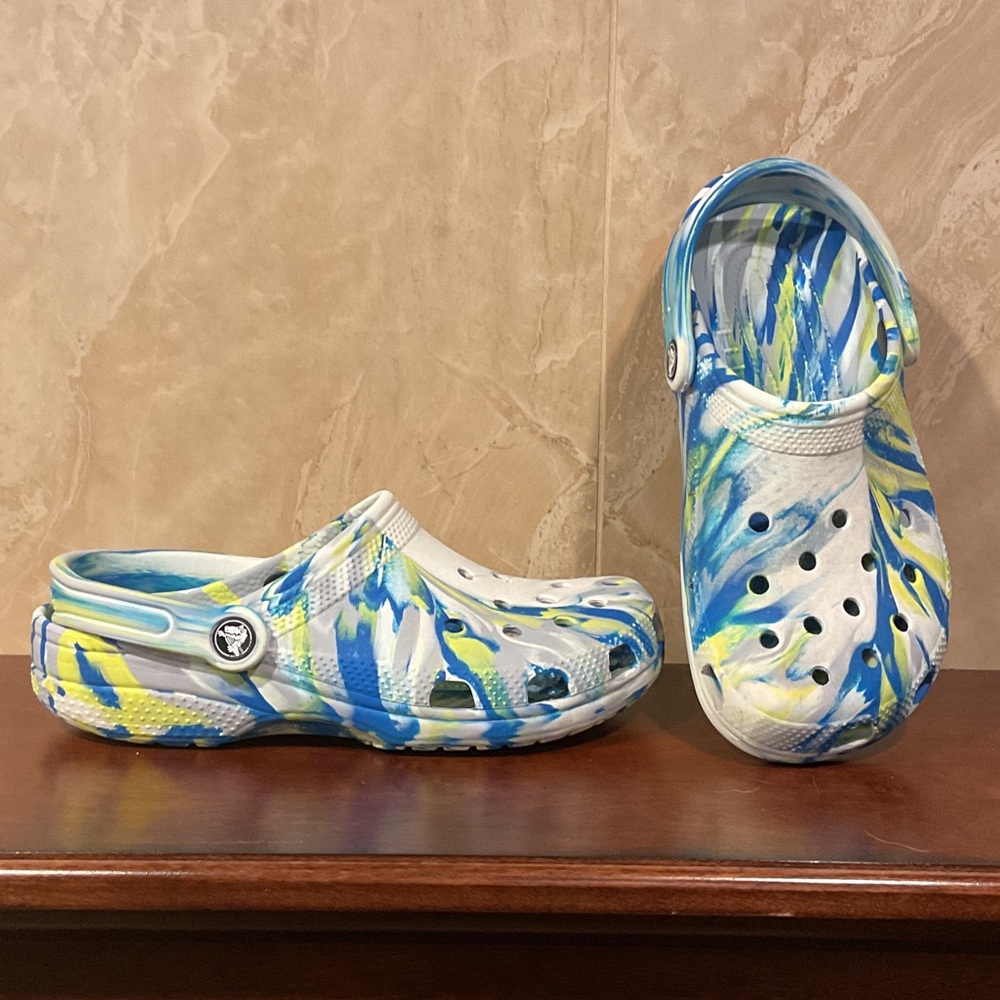 CROCS Blue and Yellow Patterned Clogs